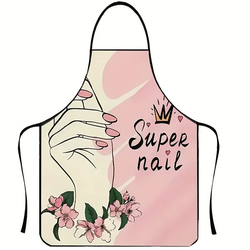 A pink apron featuring a hand painted with pink nail art and a gold crown design.
