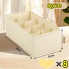 A beige fabric organizer with eight compartments is shown next to a yellow underwear for size reference.