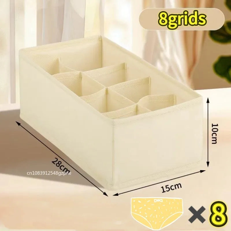 A beige fabric organizer with eight compartments is shown next to a yellow underwear for size reference.