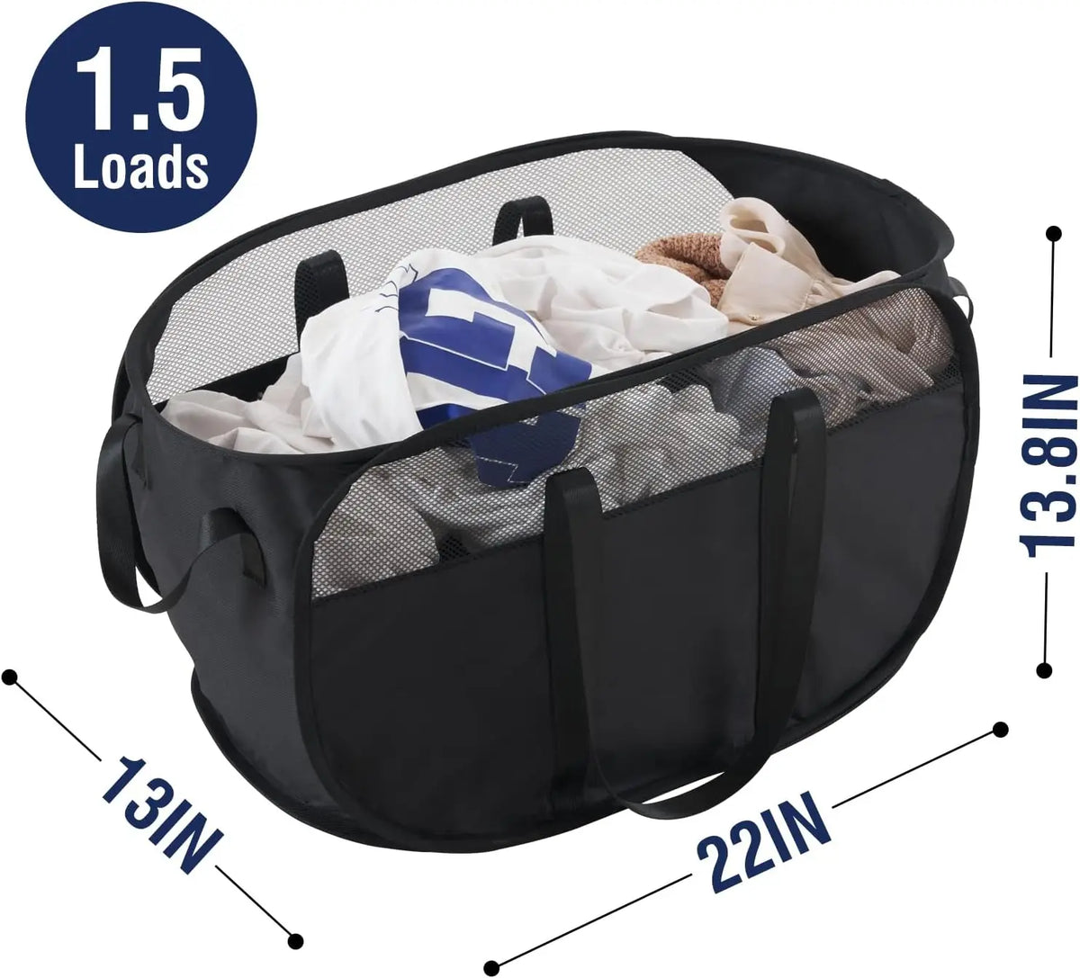 Black collapsible laundry hamper with reinforced handles shown open, holding various clothes.