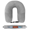 Gray U-shaped travel neck pillow with a velvet cover and accompanying storage bag.