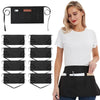 A woman models a black waist apron with three pockets, showing various folded versions of the product.