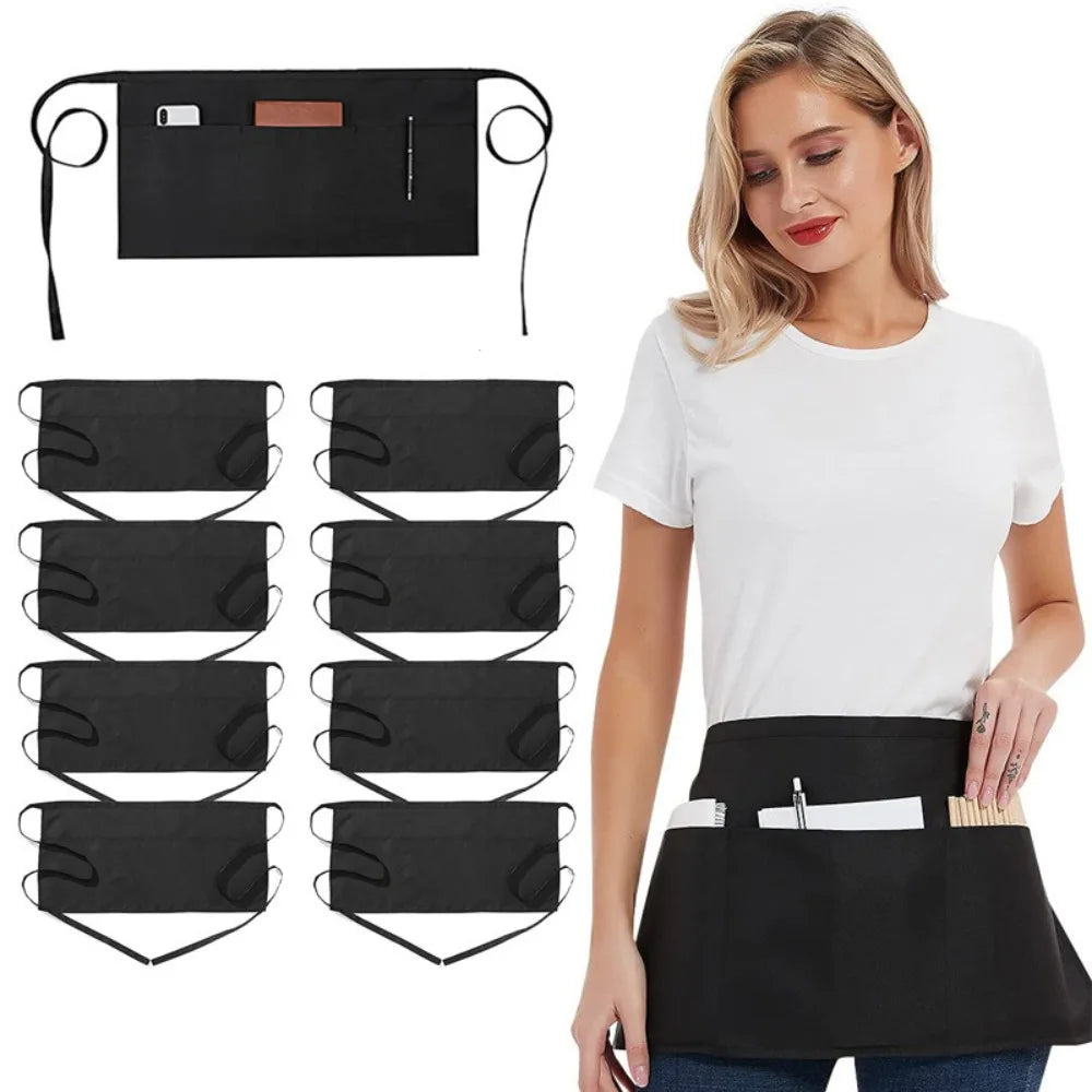 A woman models a black waist apron with three pockets, showing various folded versions of the product.