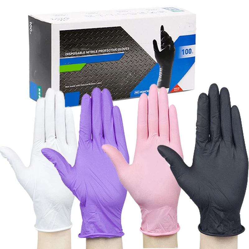A box of disposable nitrile protective gloves in various colors including white, purple, pink, and black.