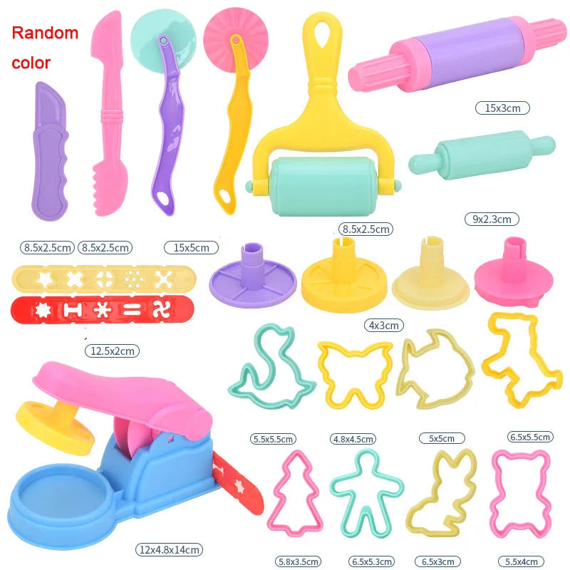 A set of various animal-shaped playdough tools and molds in pink, yellow, and purple colors for kids