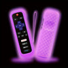 A glow-in-the-dark silicone TV remote cover in purple with a lanyard, shown against a black background.