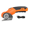 Orange and black cordless rotary scissors with a safety lock and power cord