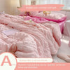 Pink bubble yarn summer cool quilt with a yellow headband and a label describing its suitability for maternal and child level
