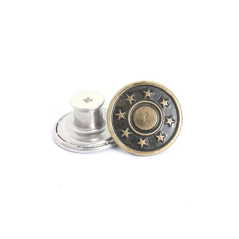 A brass button repair kit showing a silver button and a gold-toned button with five stars.