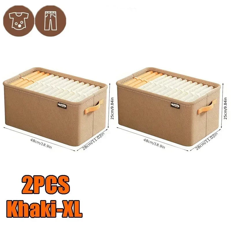 Zwei khaki XL faltbare nichtgewebte Stoff-Schrankorganizerboxen mit internen Trennern.