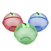 Three metal fruit baskets with mesh covers in red, blue, and green.