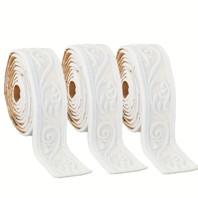 Rolls of white 3D embossed peel-and-stick foam wall panels for decorative use
