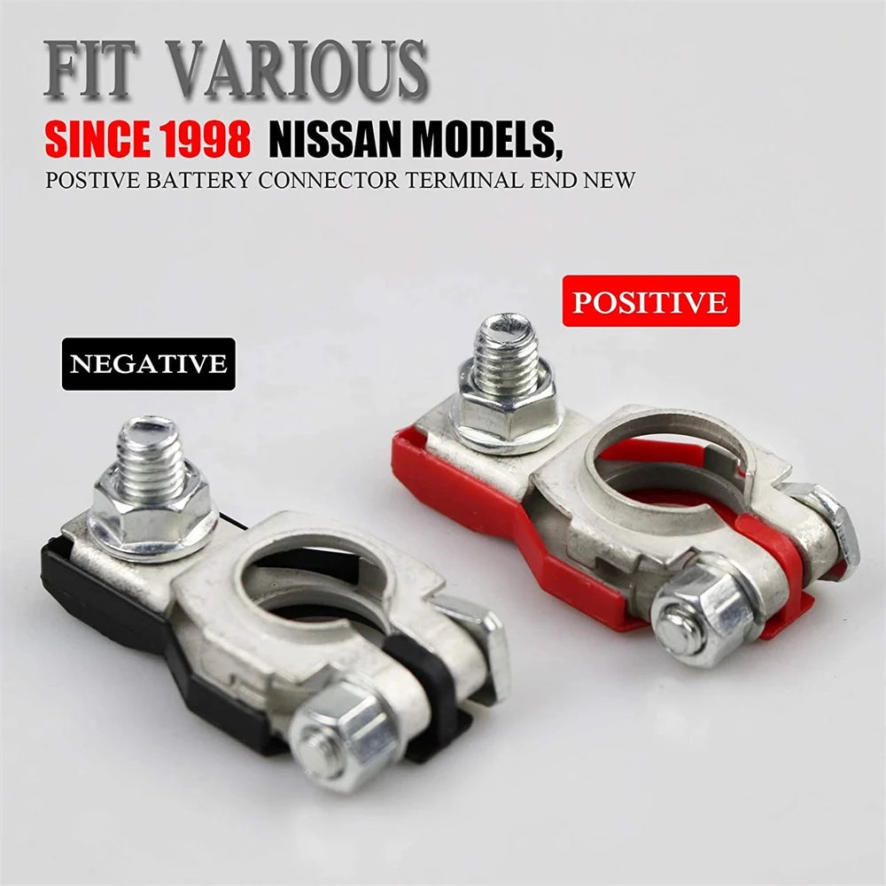 A pair of positive and negative quick-release copper car battery terminals for Nissan models.
