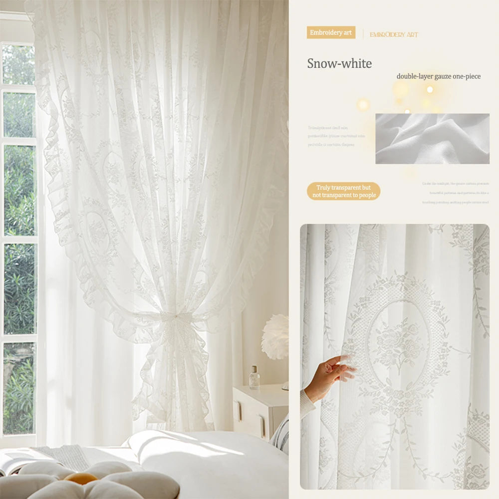 Snow-white double-layer gauze one-piece curtain with delicate embroidery in a soft, flowing drape.