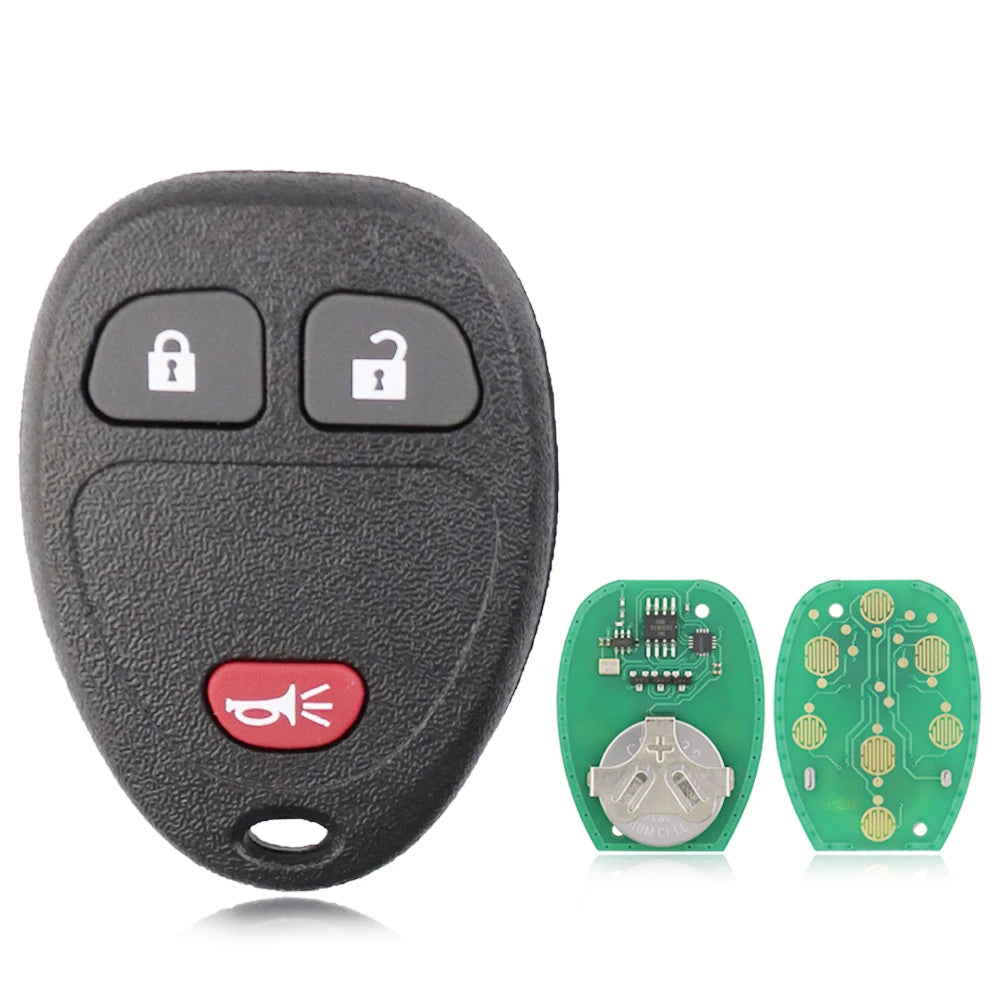 A black replacement remote key fob with two lock buttons and two circuit boards shown next to it.