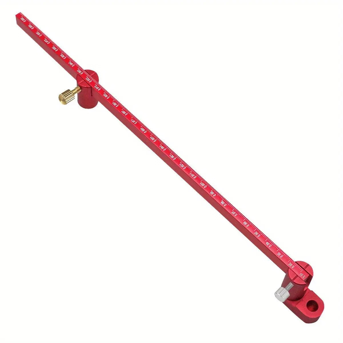 A red 300mm aluminum circle drawing ruler and center finder used for woodworking measurements.