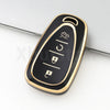 A black and gold durable TPU key fob cover for a Chevrolet vehicle, showing various buttons.
