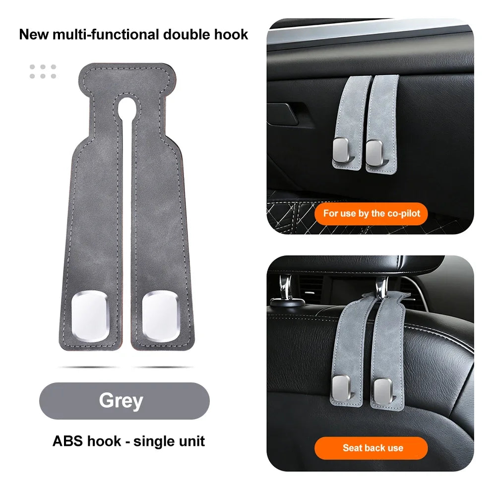 Grey ABS multi-functional double hook for car seat back use with a suede finish
