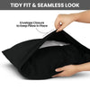 A hand is shown closing the envelope closure on a black pillowcase to keep the pillow in place.