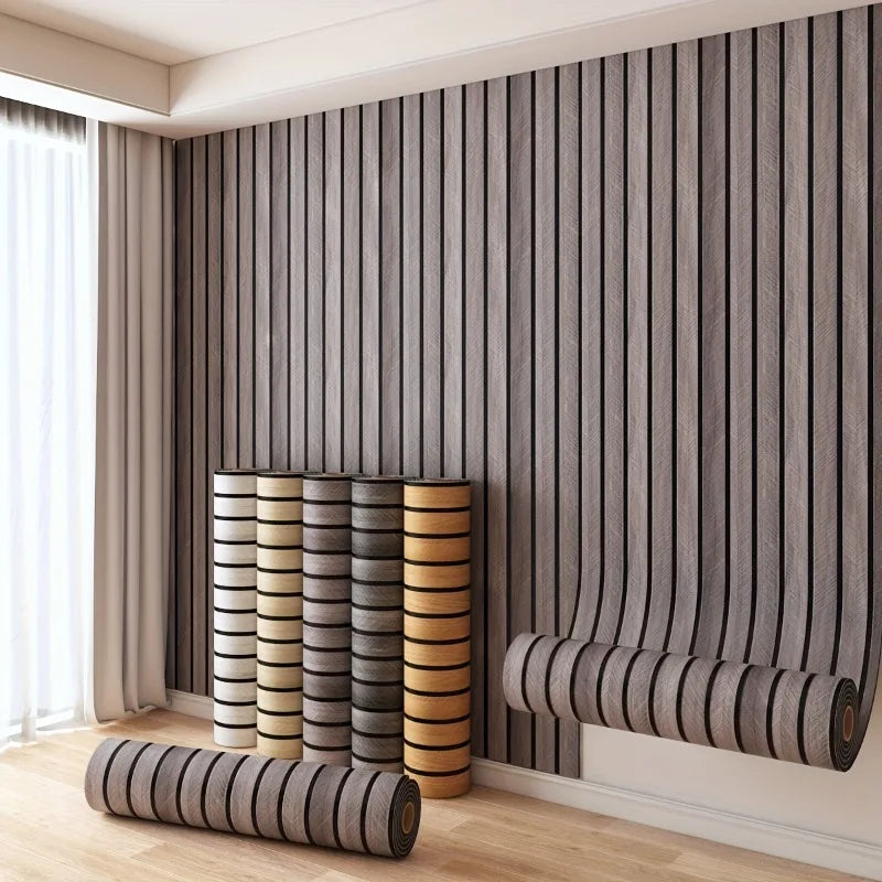 Vertical wood grain peel-and-stick wall tiles in gray and beige tones installed on a modern interior wall.