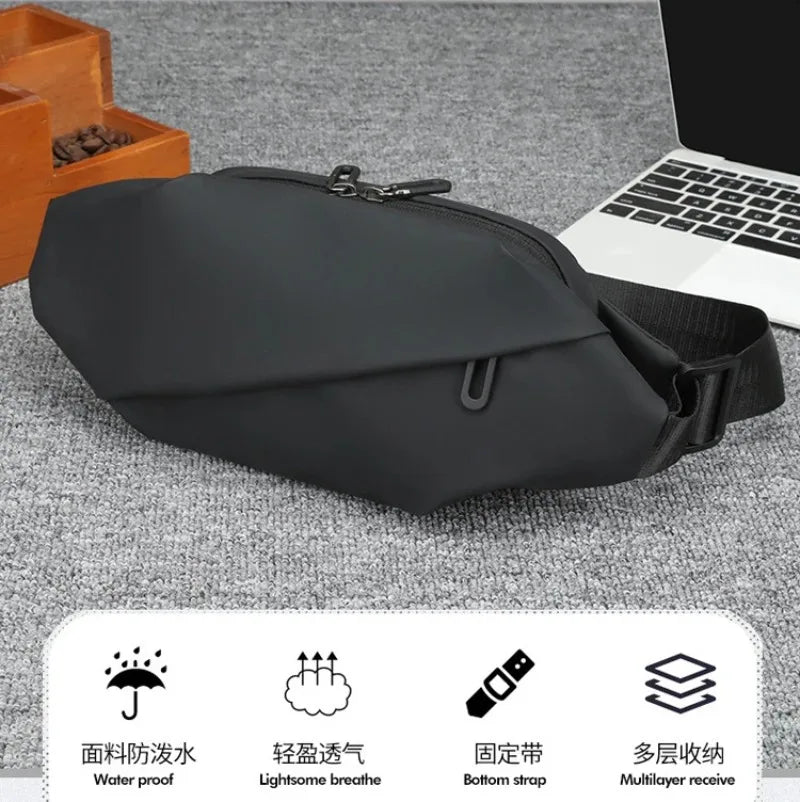 Black minimalist waterproof running waist pack shown on a gray surface with feature icons.