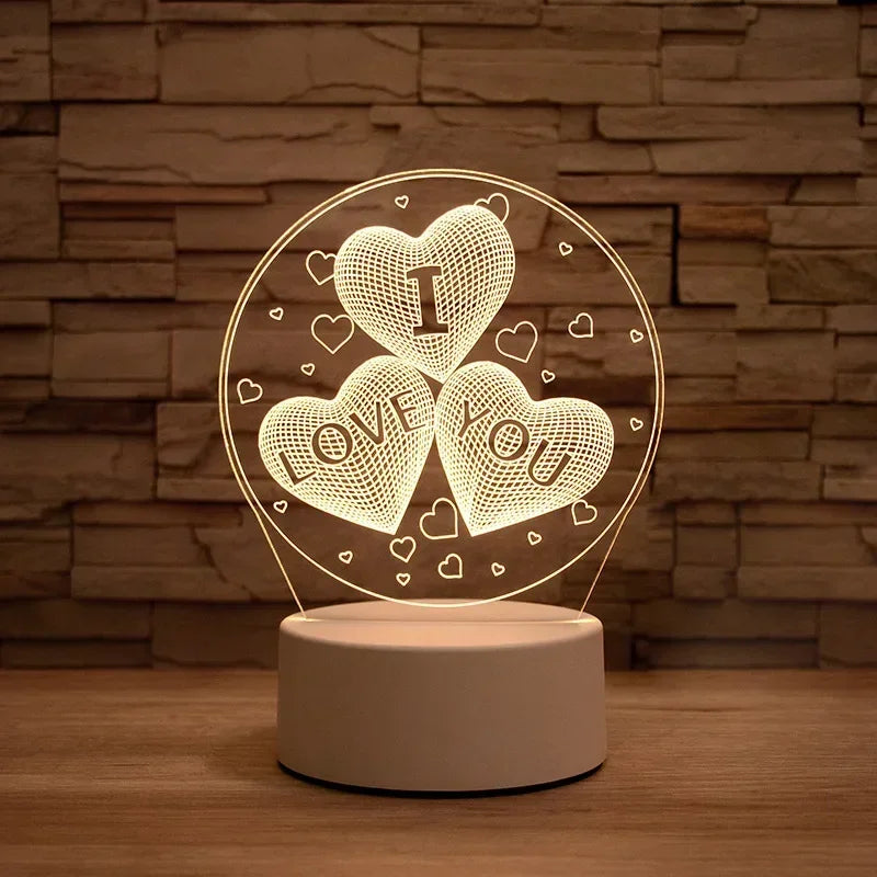 A glowing wireframe heart sign featuring the words I LOVE YOU displayed on a round light fixture.