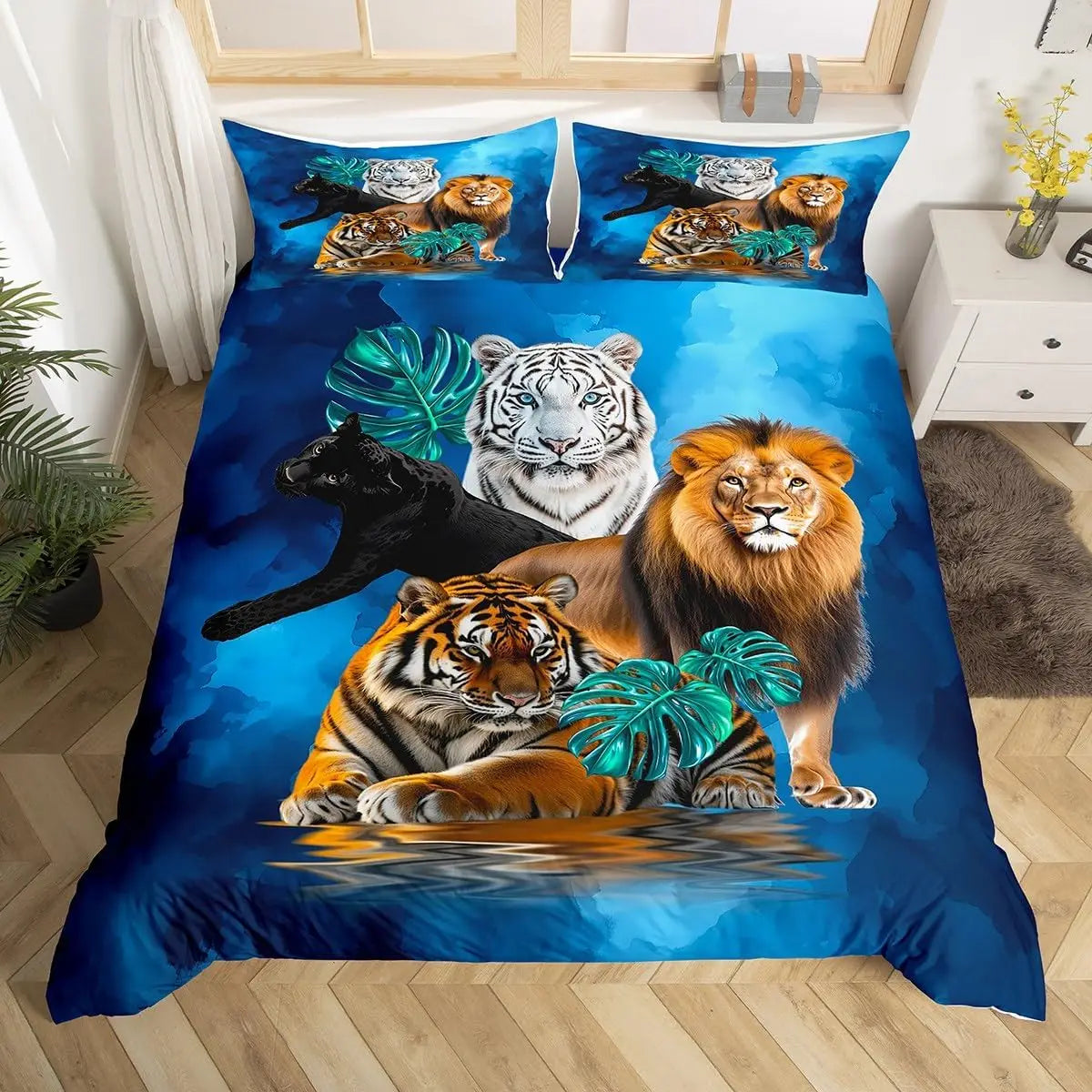 A blue duvet cover featuring a vibrant print of various wild safari animals including lions tigers and leopards.