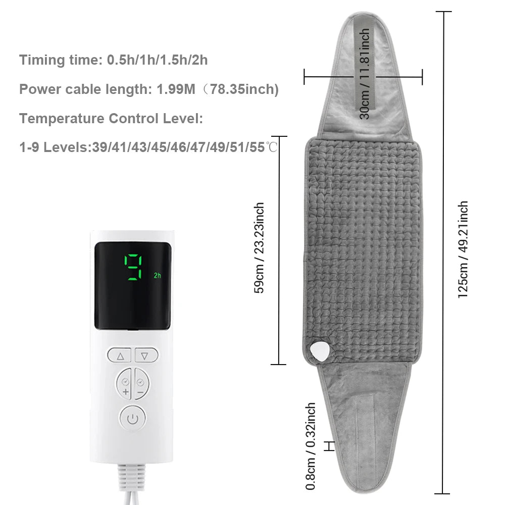 A white electric heating pad with a power cord and temperature control settings displayed on the device.
