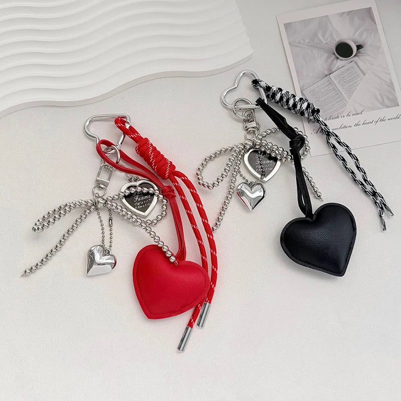 Cute Bow Bag Charm Keychain with Heart Pendant