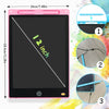 Pink LCD writing tablet showing a diagonal line, with close-ups of the device and stylus.