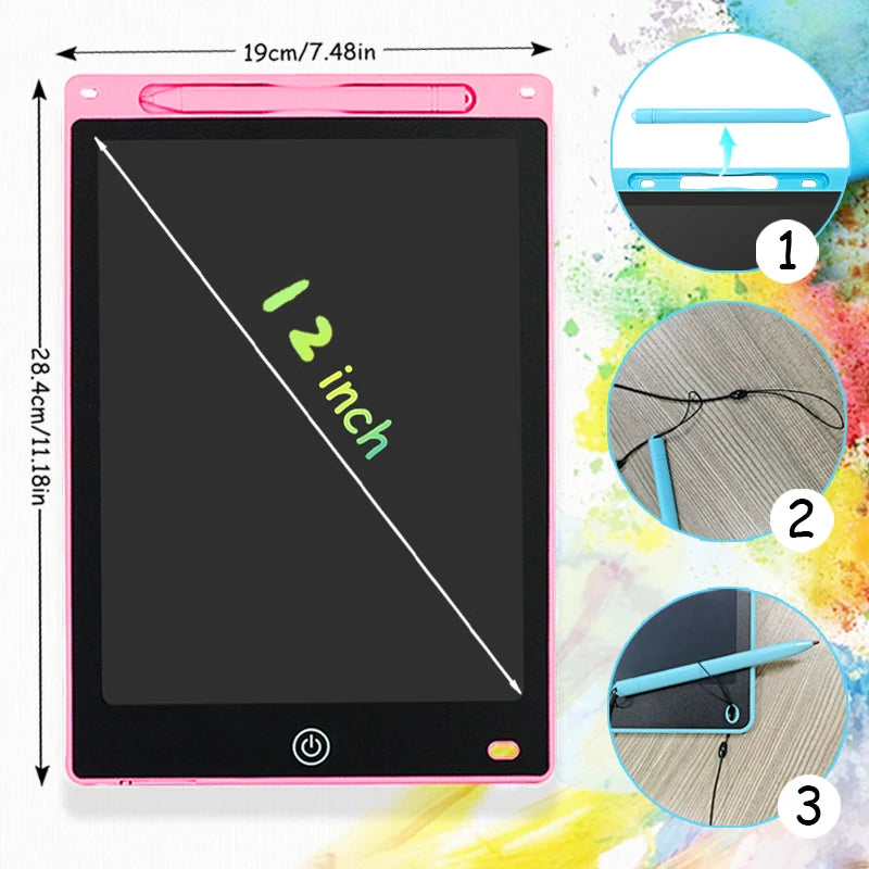 Pink LCD writing tablet showing a diagonal line, with close-ups of the device and stylus.