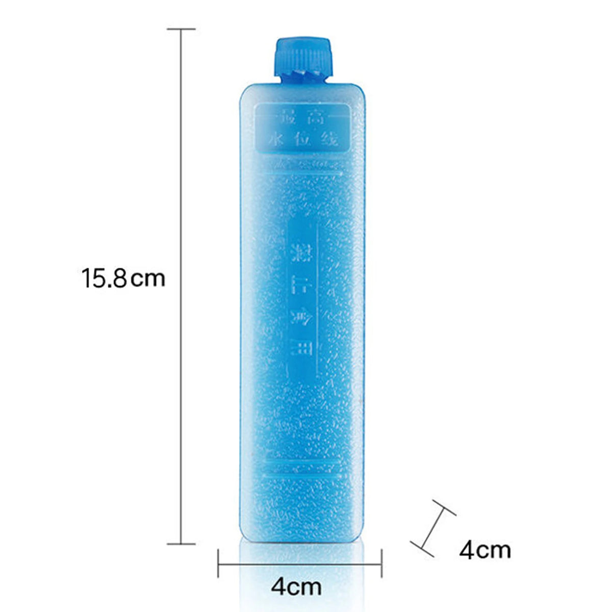 A tall, blue reusable leak-proof ice pack with a cap shown next to dimension lines.