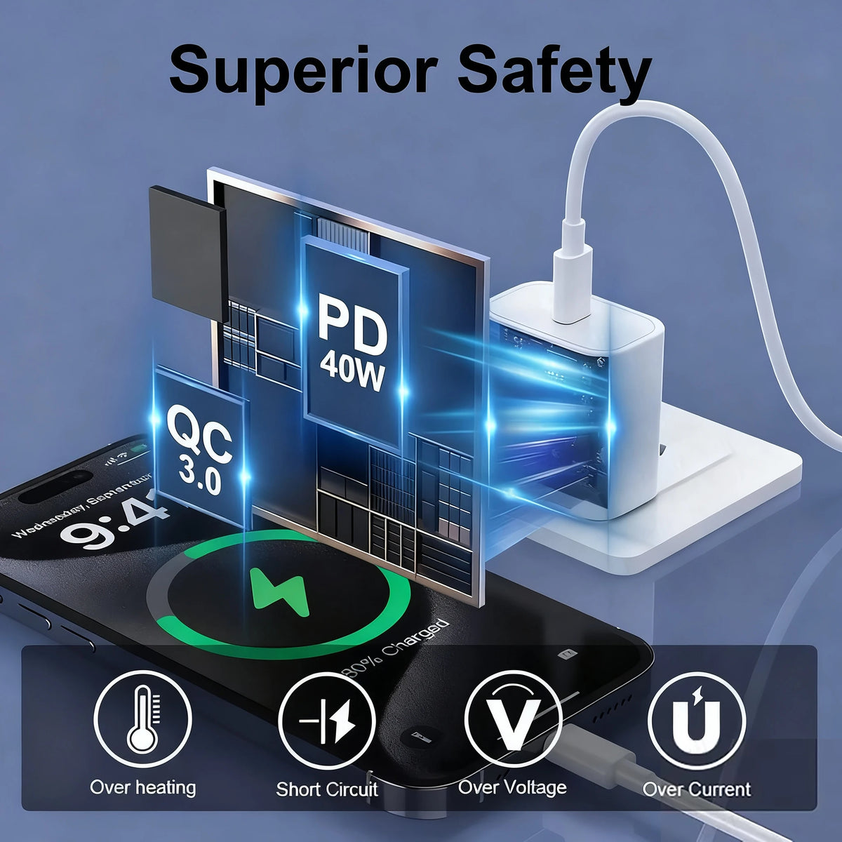 Nahaufnahme einer PD 40W Ladeeinheit mit Kabel und Smartphone, die verschiedene Sicherheitsfunktionen anzeigt.