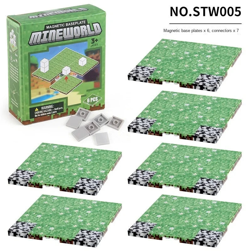 A set of six magnetic base plates for building blocks, featuring green and black patterned surfaces.