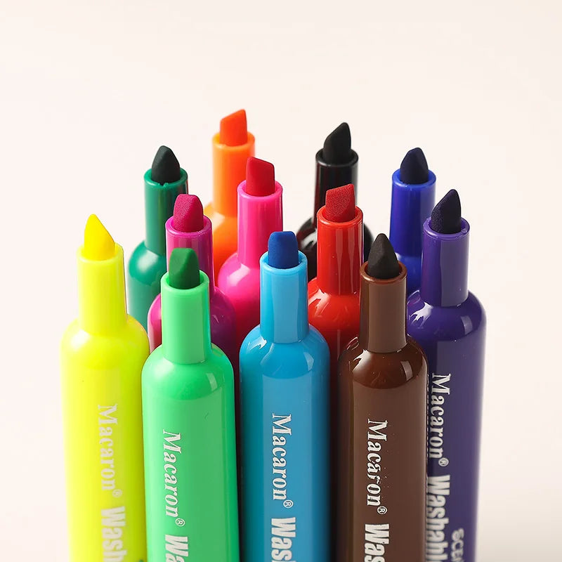 A collection of 12 assorted fruit colored washable scented markers for kids