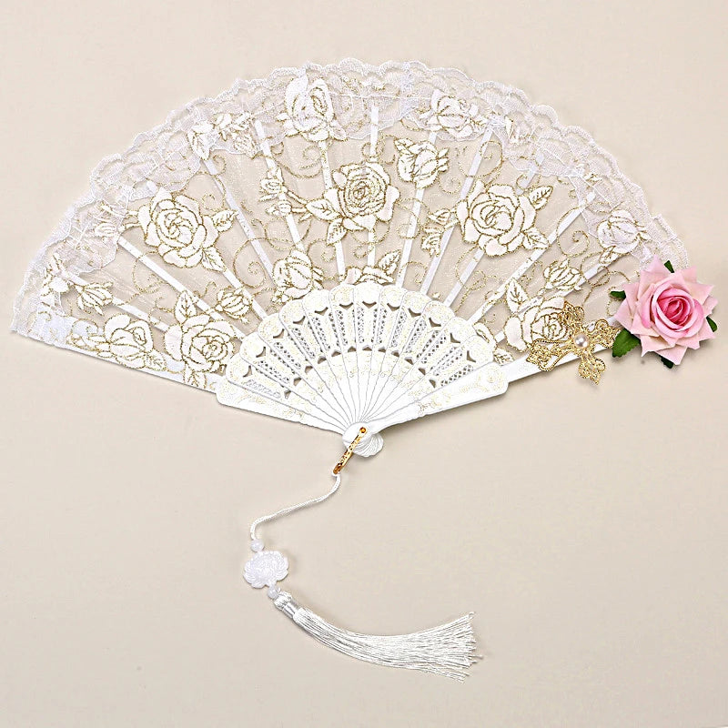 Vintage spanische Flamenco-Rose-Spitze mit Blumenstickerei und rosa Rosen als Handfächer