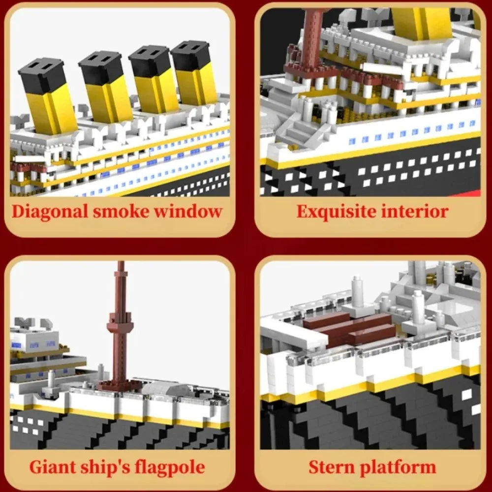 A collection of ship building block models featuring a diagonal smoke window, exquisite interior, giant ship's flagpole, and 