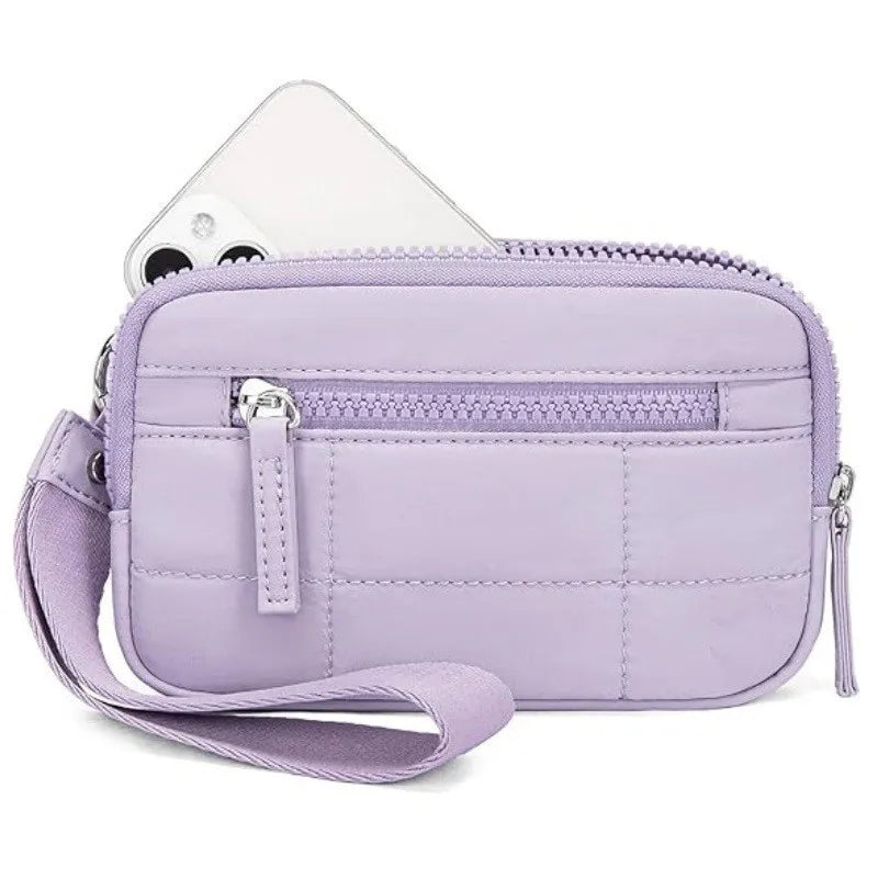 Nylon Quilted Wristlet Wallet with Three Zipper Compartments