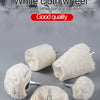 A set of white cloth wheels for polishing metal, wood, and other surfaces, shown alongside a polishing tool.