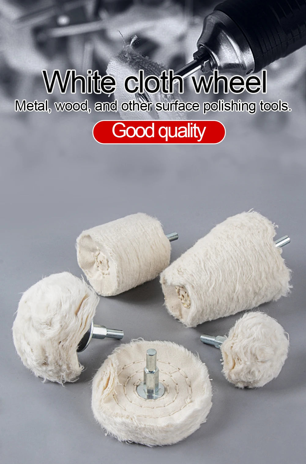 A set of white cloth wheels for polishing metal, wood, and other surfaces, shown alongside a polishing tool.