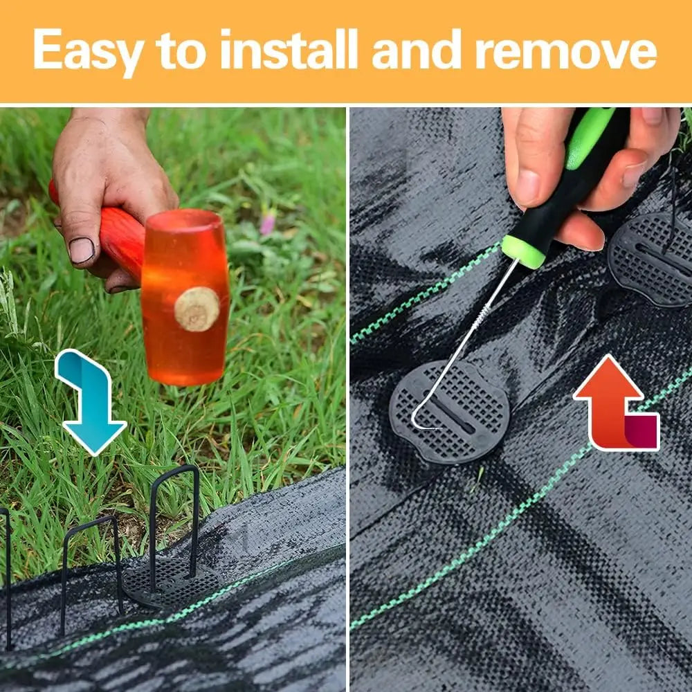 A hand installs a galvanized U-shaped garden staple into black landscape fabric with a green tool.