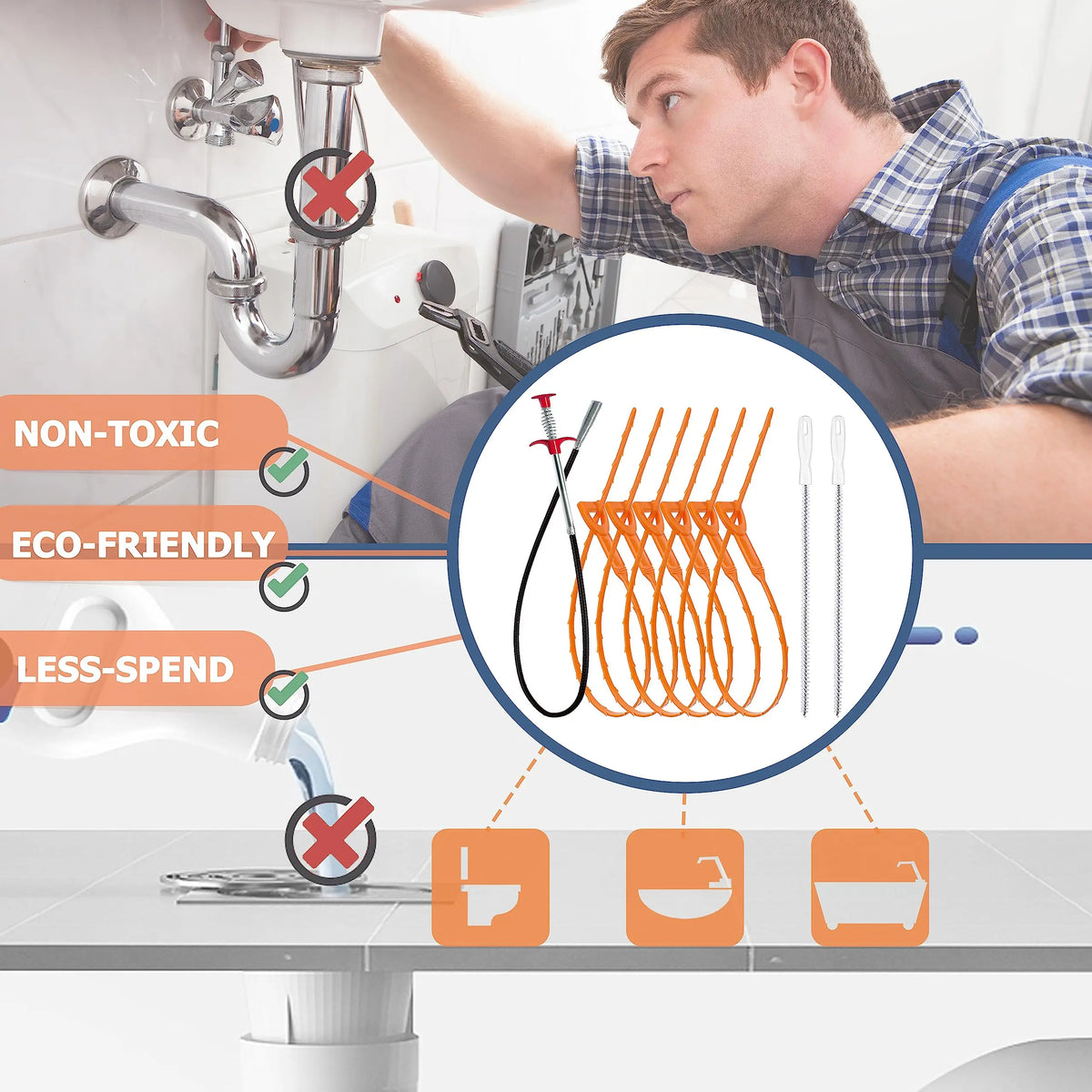 A cleaning tool set for drain and hair removal, showing various components and usage guidelines.