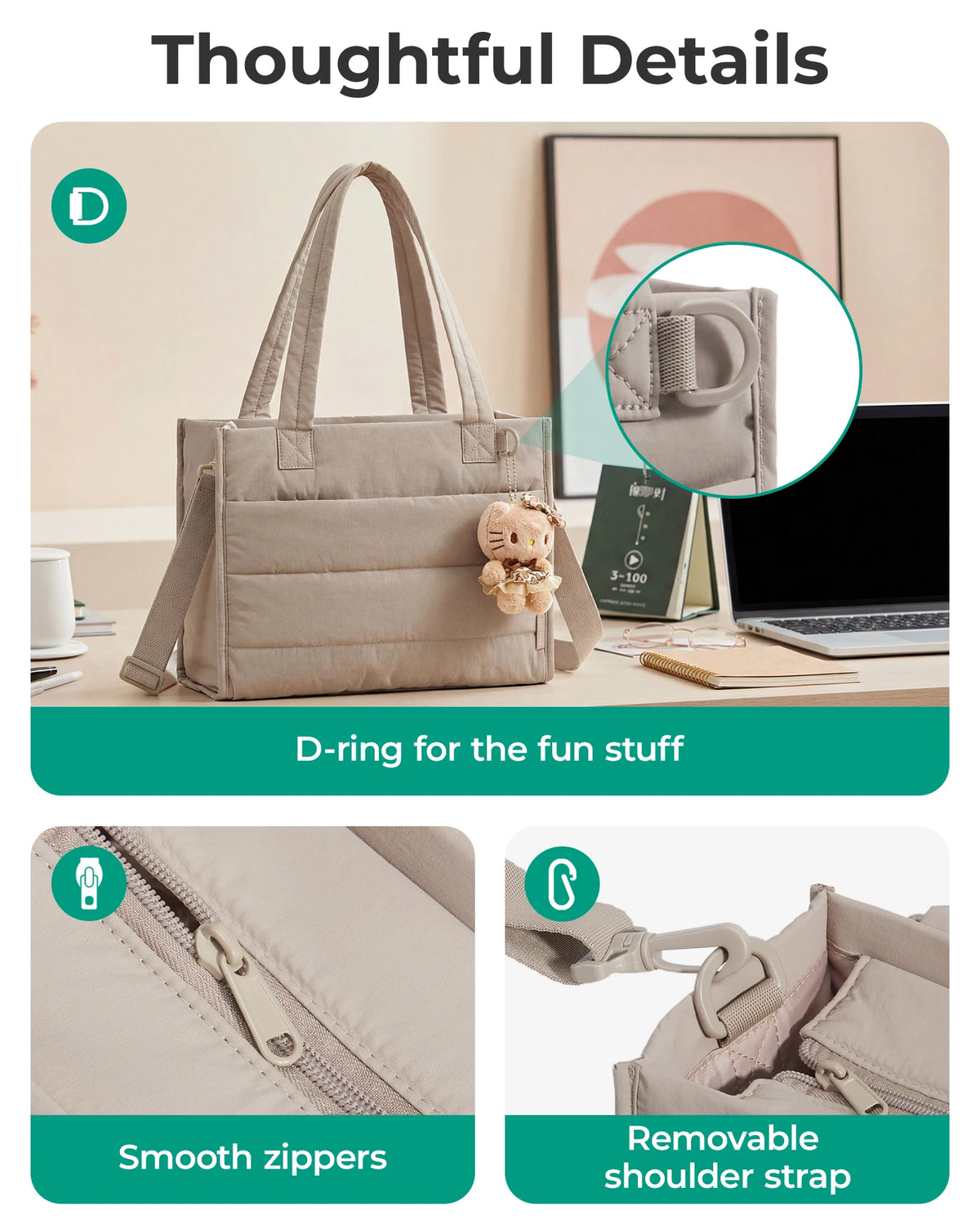 A light beige boxy tote bag with D-rings, smooth zippers, and a removable shoulder strap shown in detail.