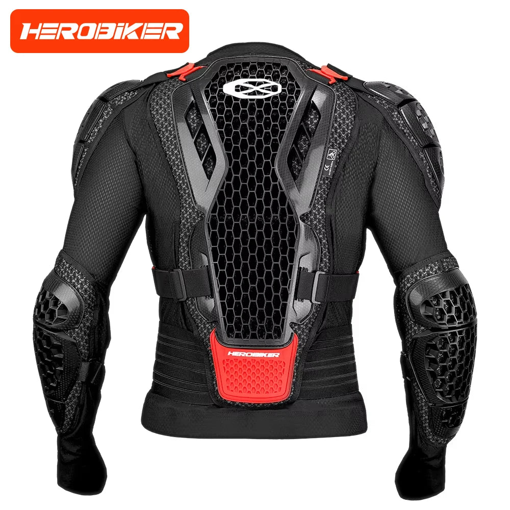 Black motocross armor jacket featuring chest and back protection with a mesh design.