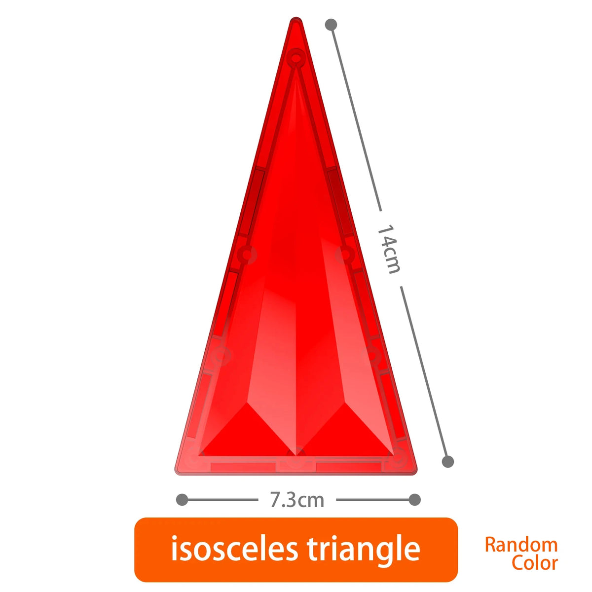 A red isosceles triangle magnetic building tile with a pointed shape.