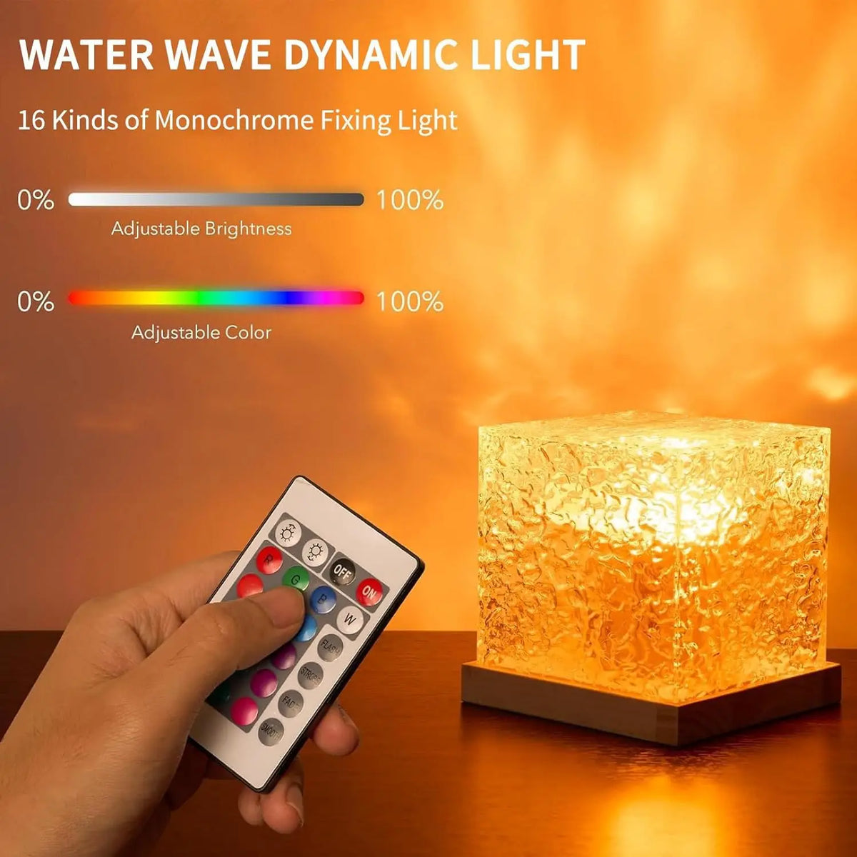 A hand adjusts the brightness and color of a water wave dynamic light projector illuminating a textured cube.