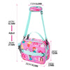 Pink insulated lunch bag with an adjustable strap and a clear measurement guide.