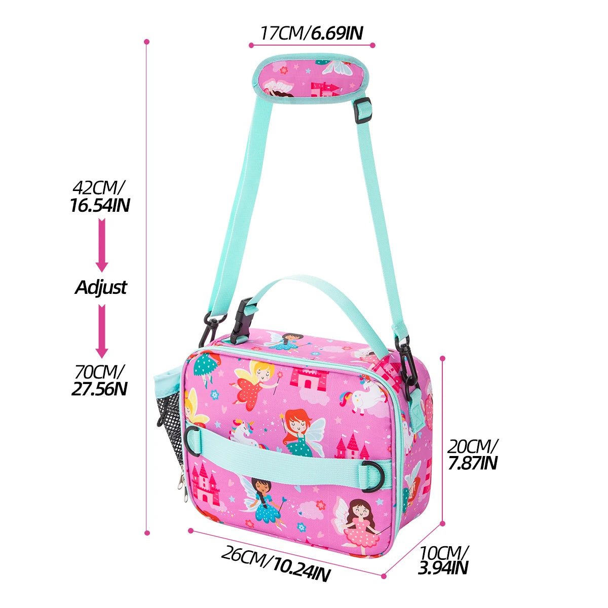 Pink insulated lunch bag with an adjustable strap and a clear measurement guide.