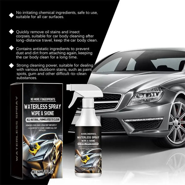 A bottle of Waterless Spray wipe & shine for car cleaning is shown next to a silver car.