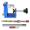 A blue adjustable pocket hole jig kit showing the clamping range and a finished wood dowel.